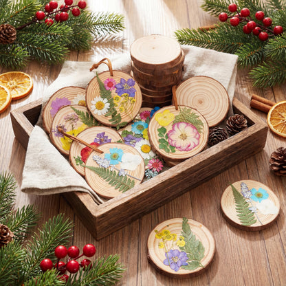 Maasechs 20 Set Spring DIY Wooden Crafts with Dried Pressed Flowers Leaves Unfinished Wood Slices Hanging Ornaments for Art Project Craft Wedding Home Decoration Gifts(Vivid)