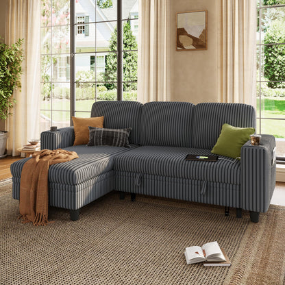 LINSY Home Sleeper Sofa Couch with Storage Chaise & USB Charging, Convertible Sectional Pull Out Sofa Bed with Plush Corduroy Fabric, Modular Sectional Couches for Living Room Apartment (Grey)