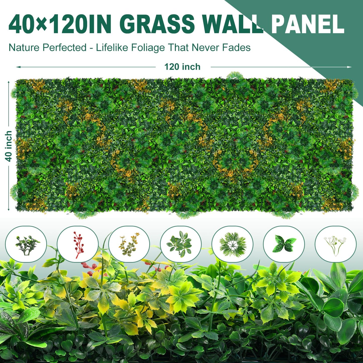 Yangrass Artificial Grass Wall Panels, 40"x120" (33.33 sqft) Boxwood Wall Roll with Tropical Leaves, Faux Greenery Privacy Fence Screen, Grass Backdrop for Outdoor Indoor Garden Birthday Wedding Decor