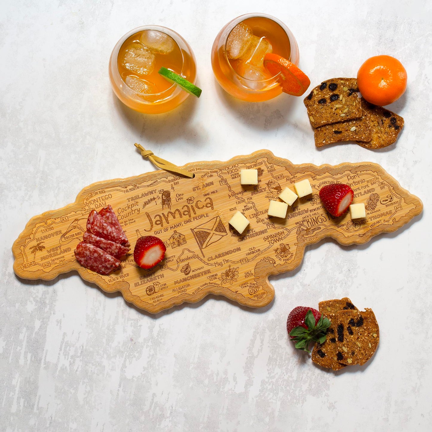 Totally Bamboo Destination Jamaica Shaped Cutting Board Bamboo Charcuterie and Serving Board with Hang Tie for Wall Display