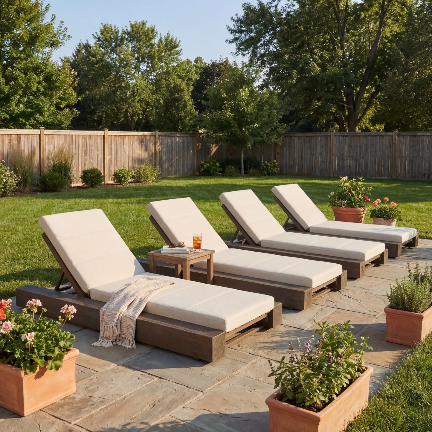 Christopher Knight Home Tory Acacia Wood Chaise Lounge Chair Outdoor Set of 4, Poolside Sun Lounger Recliner, Patio Outdoor Chaise Lounge with Cushions, Adjustable Backrest Lounge Sofa, Grey+Beige