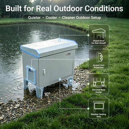 HQUA Pond Aerator Pump Cover Cabinet, Weatherproof Outdoor Protection System with Cooling Fan, Pre-Wired Outlet & 10 ft Power Cord, Galvanized Steel Enclosure 19”W × 14”D × 18.5”H