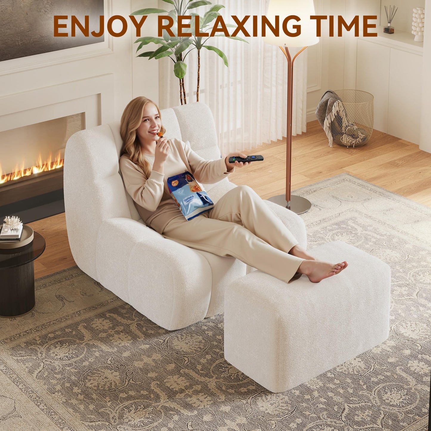Bean Bag Chair With Footrest,Integrated Sponge Lounge Chair,Comfortable Bean Bag Sofa with Backrest, Faux FurBeanBagChair forAdultsandKids, Ideal for Bedrooms,Living Rooms,and Apartments(White)
