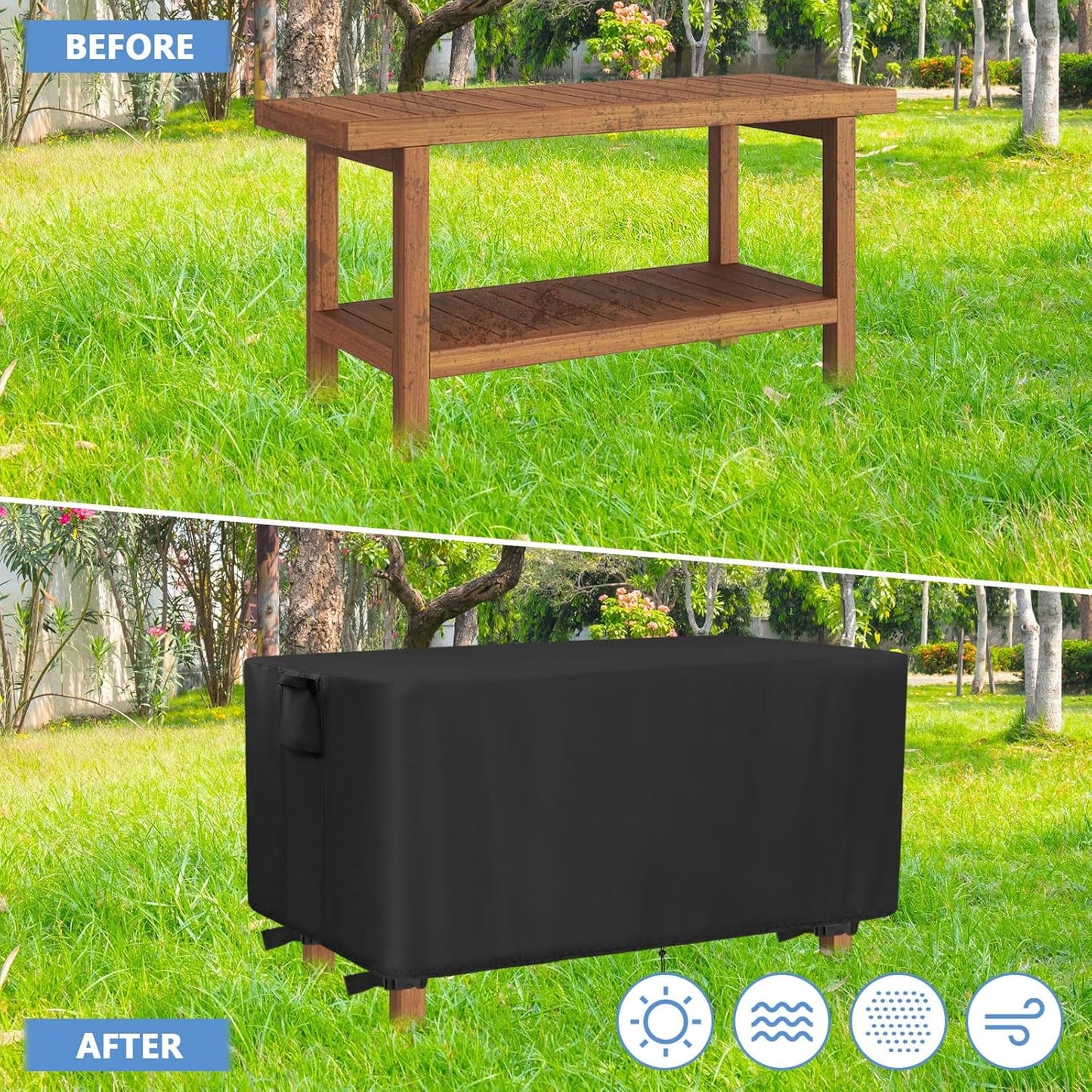44inch Black-44"L 12" 17" Outdoor Bench Cover, Waterproof Wooden Bench Cover Rectangle for Patio Teak Bench Farmhouse