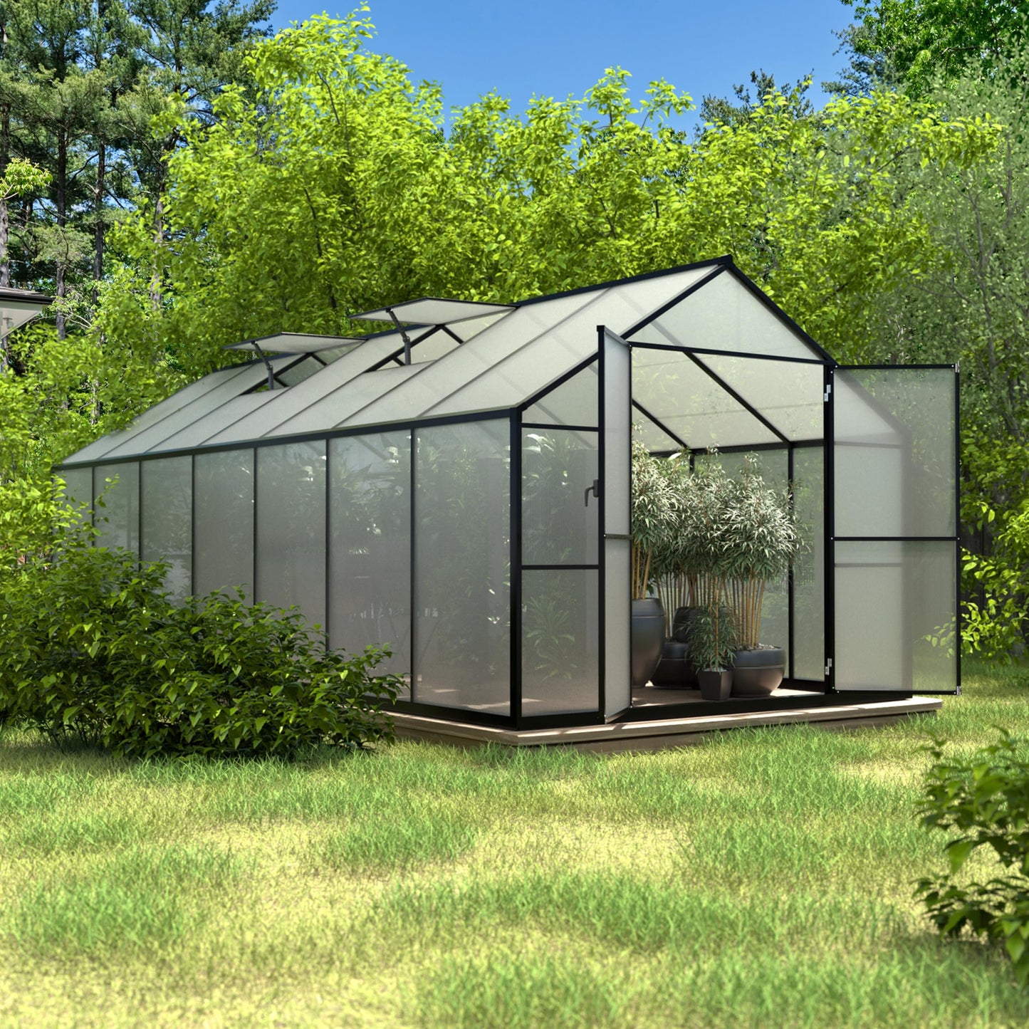 VEIKOU 8 x 14 FT Greenhouse with Aluminum Frame, Greenhouses for Outdoors with 2 Vents, Lockable Doors, Polycarbonate Panels, Walk-in Green House for Winter, Garden, Yard, Hobby, Grey