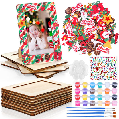 Fovths 12 Packs Christmas Picture Frame Painting Craft Kit Frozen Wooden DIY Photo Frame for 4 x 6 inch Photo with 100 Stickers Rhinestone Stickers 4 Brushes Set for DIY Paint and Decorate