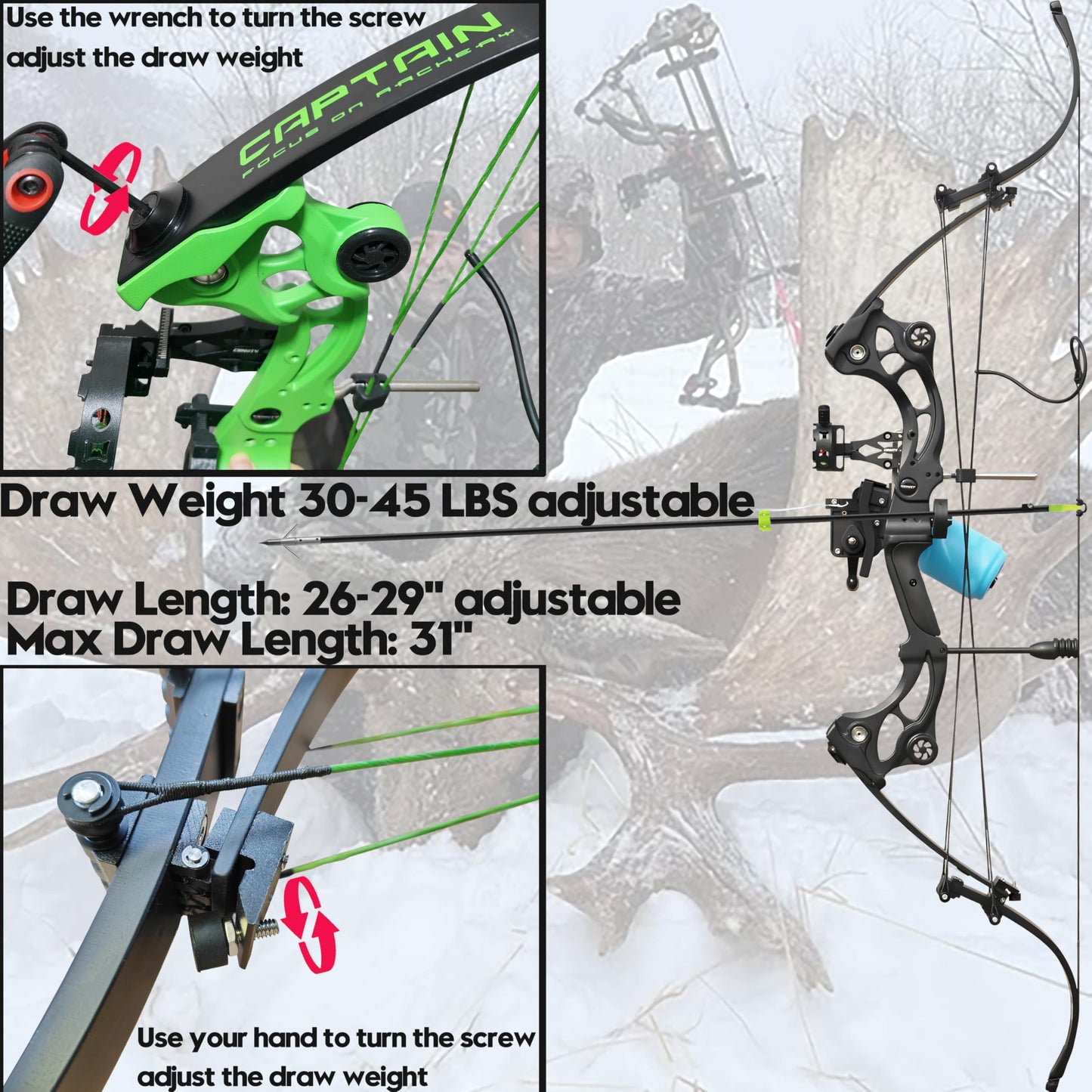 Bowfishing Bow Recurve Bow 30-45 Lbs Adjustable American Hunting Bow Compound Bow for Outdoor Hunting Shooting Fishing Right Hand (Black)