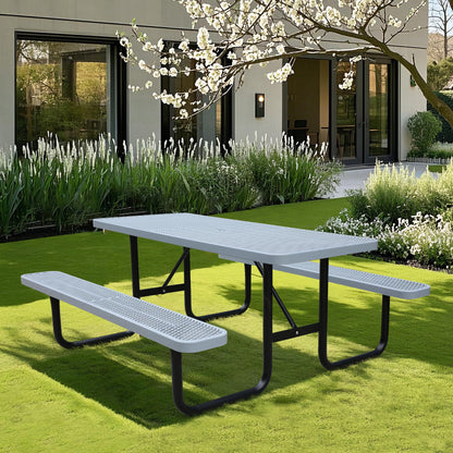 4FT Metal Picnic Tables for Outdoors, Commercial Rectangular Picnic Table and Bench Set for Outside, Patio, Garden, Backyard, Porch, Surface Mount, Grey