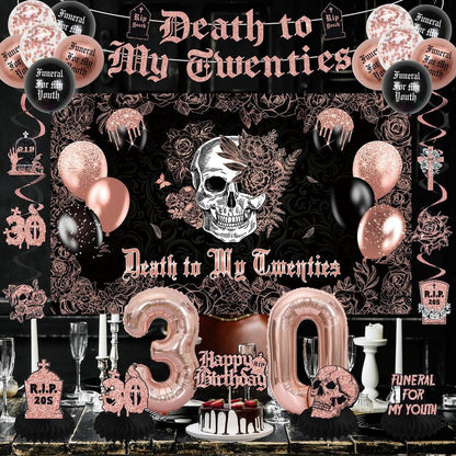 Crenics Rose Gold and Black Death to My 20s Decorations - Death to My Twenties Backdrop, Banner, Honeycomb, Sash, Hanging Swirls, Cake Topper and Balloons for 30th Birthday Party Decorations for Her