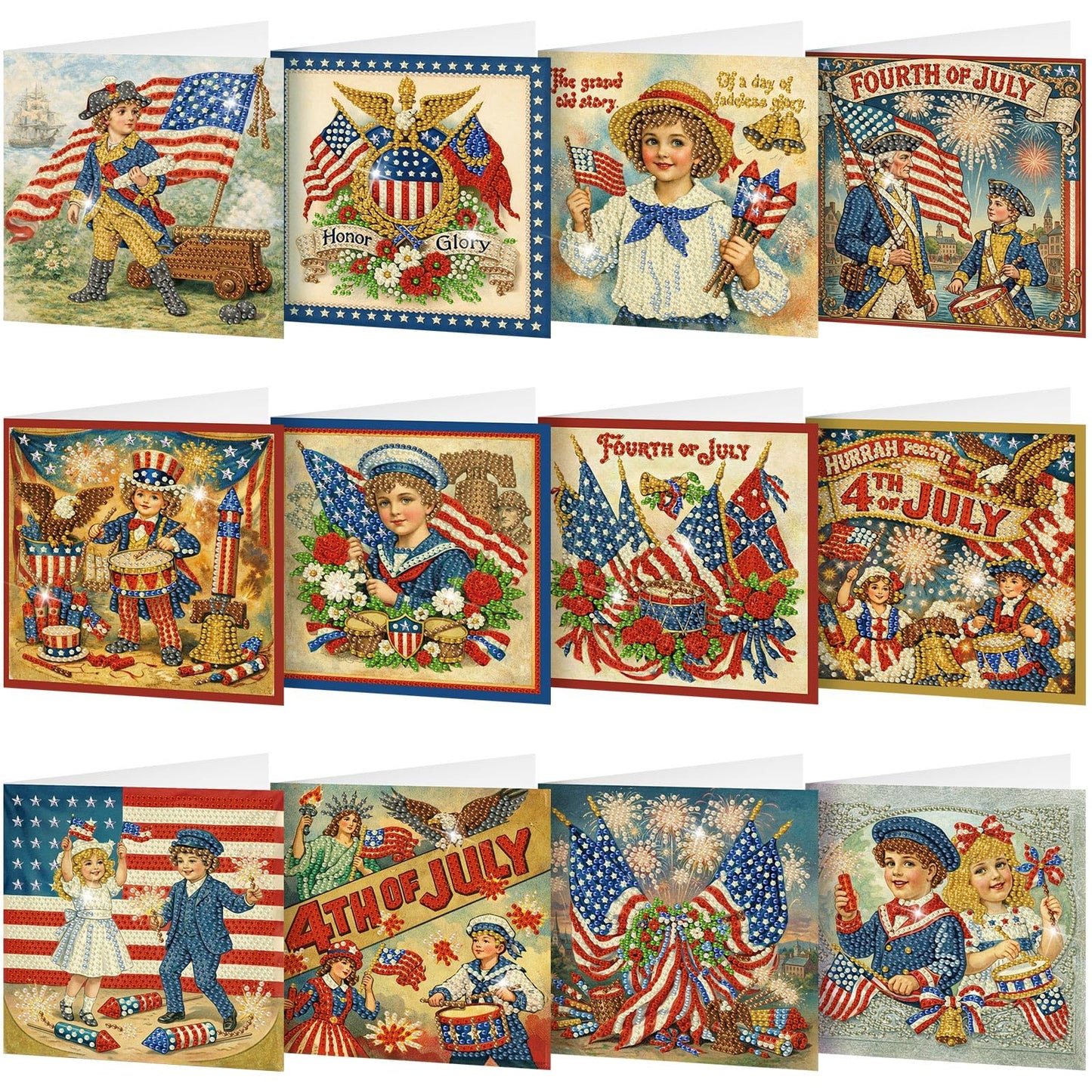 Saillong 12 Pack Vintage 4th of July Diamond Painting Greeting Card Kits Patriotic Diamond Art Cards with Envelopes Retro Red White Blue 5D Rhinestones Painting Making Kits for Adults DIY Craft Gifts