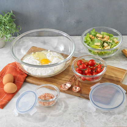 JoyJolt Kitchen Mixing Bowls. 5pc Glass Bowls with Lids Set – Neat Nesting Bowls. Large Mixing Bowl Set incl Batter Bowl, Cooking Bowls, Storage Bowls with Lids and Big Salad Bowl with BPA-Free Lids