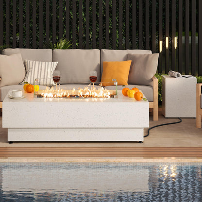 IRONCK 50-Inch Outdoor Propane Fire Pit Table w Tank Table, CSA Certified, Rectangular Patio Fire Pit w Glass Rocks, Wind Guard and Cover, 58000 BTU 2 in 1 Outdoor Heater for Deck Garden, White