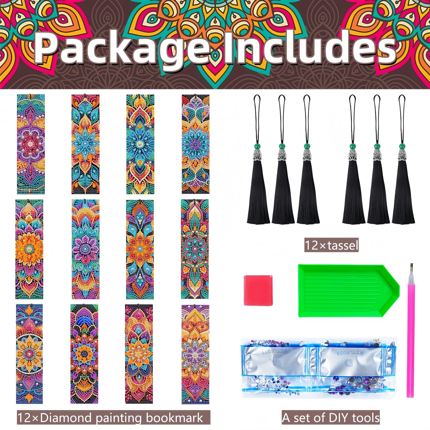 12 Pcs Diamond Painting Bookmarks,Mandala Diamond Art Bookmarks with Tassel, Diamond Art Painting Kits for Beginners Adults DIY Art Craft Gifts Book Decors