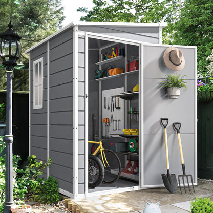 DWVO 5x4 FT Outdoor Storage Shed with Floor, All-Weather Resin Storage Shed with Lockable Door & Window, Waterproof Plastic Tool Storage for Garden, Backyard, Patio, Lawn, Gray