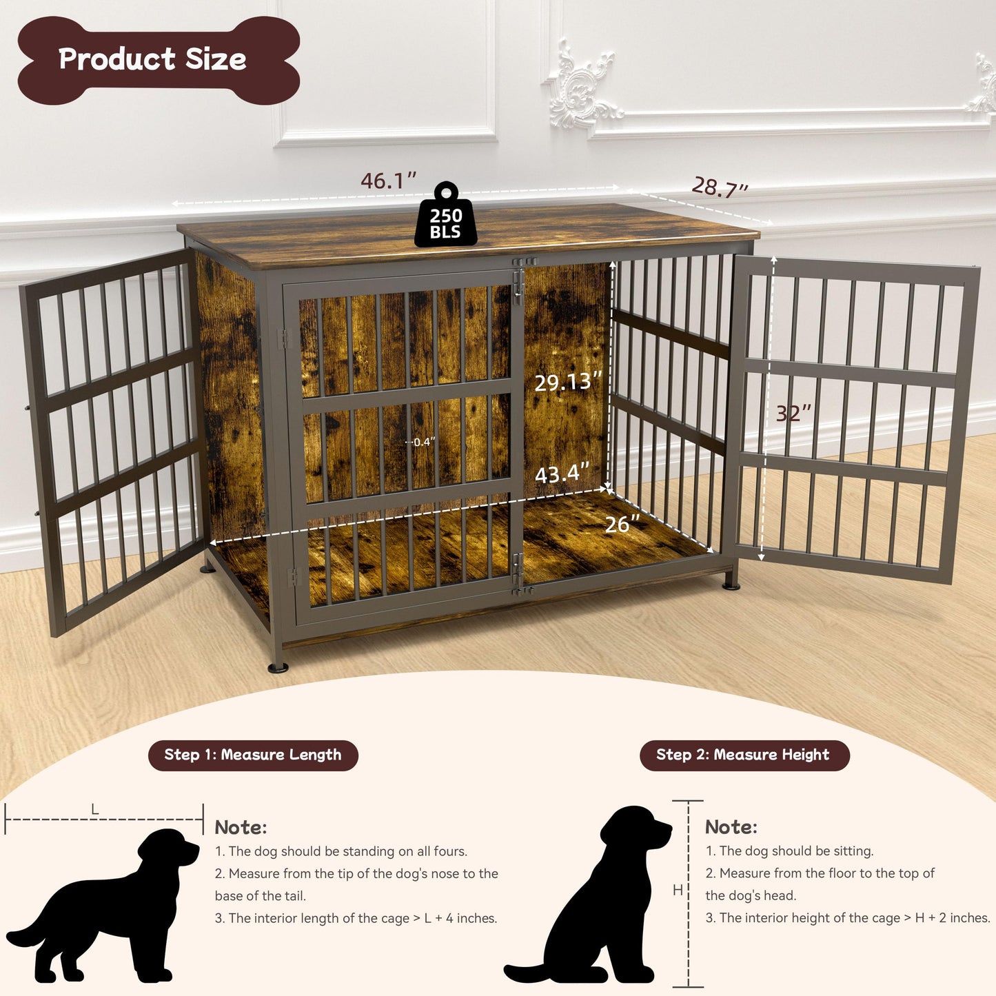 CABZOON 46'' Dog Crate Furniture Large Breed Dog Crate Dog Kennels for Inside Wooden Dog Crates End Table Heavy Duty Indoor Combination Cage for Medium to Large Dogs Walnut