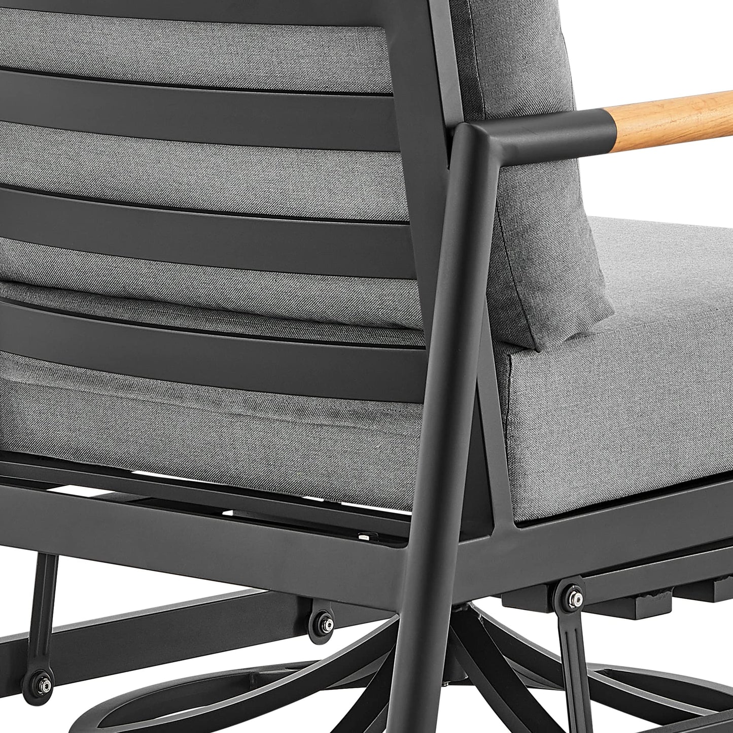 Armen Living Royal Outdoor Patio Swivel Glider Lounge Chair in Black Aluminum and Teak Wood with Cushions