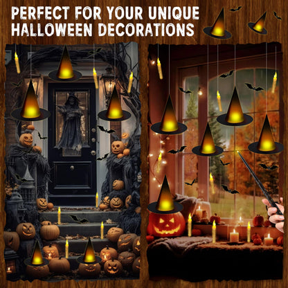 Fayoo Floating Candles with Wand, 12PCs Magic Hanging Candles, Floating Light Up Witch Hats with Flameless Candle with Wand Remote, Witch Hat 3D Bats Wall Stickers Decorations for Halloween Party
