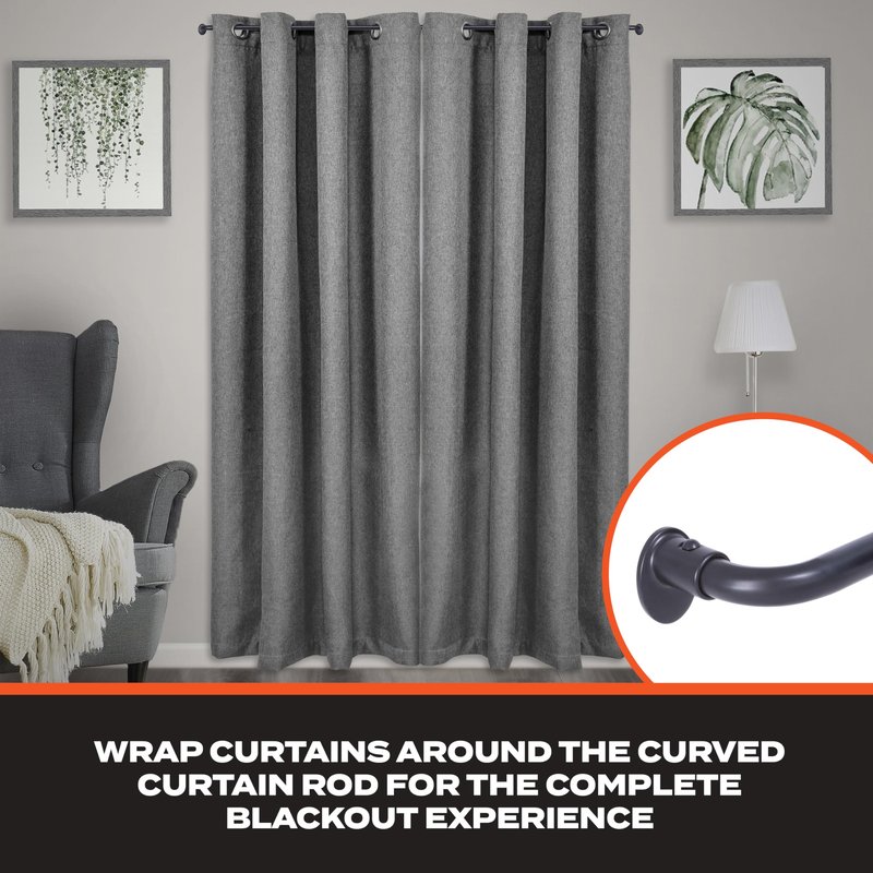Sun Zero – Wrap Around Curtain Rod, Blackout Room Darkening Design with 5/8" Steel Tube, Adjustable 28–48", Black