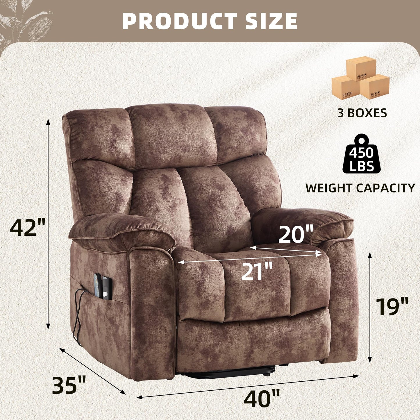 CANMOV Power Lift Recliner Chair for Elderly with Vibration Massage and Lumbar Heating, Overstuffed Electric Lift Chair with Side Pocket and 2 Cup Holders for Living Room, Brown