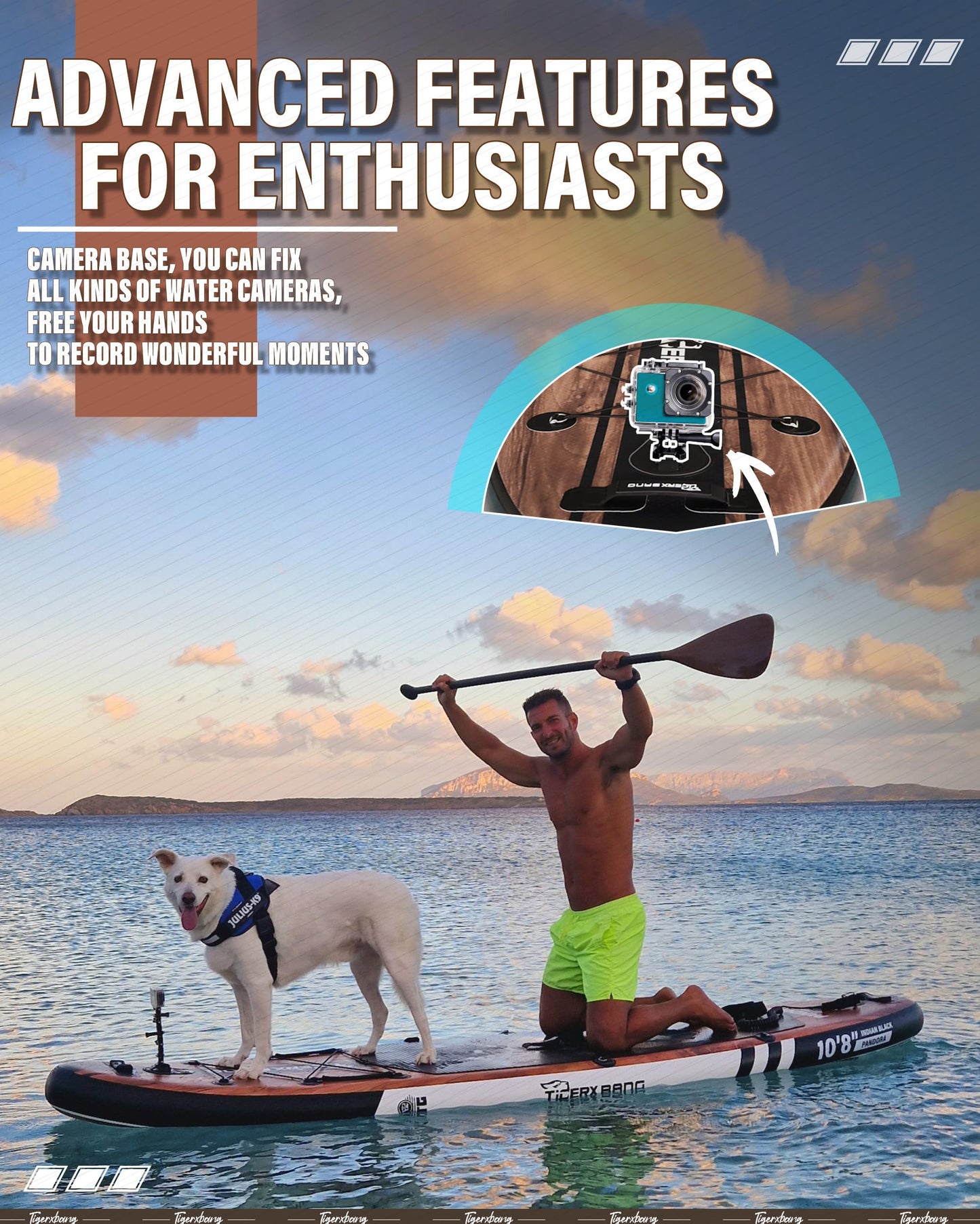 TIGERXBANG Inflatable Paddle Board 10'8", Extra Wide, Upgraded Seat, Accessory Mount & Fishing Rod Holder, Premium Accessories for Leisure Paddling & Fishing