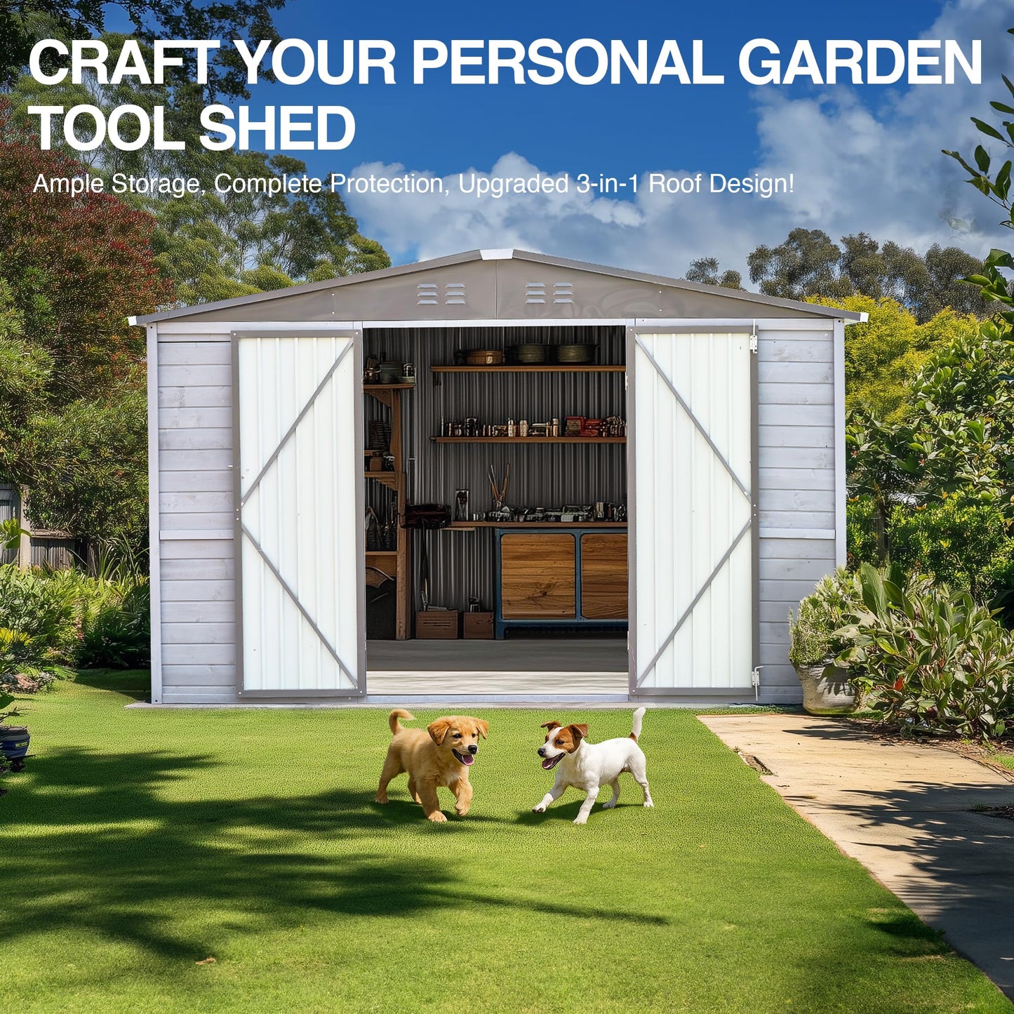 Jaxenor 8x10 FT Outdoor Wood Storage Shed, Garden Tool Shed with Windows, Outside Storage Shed Waterproof for Backyard, Garden, Patio, 4 Vents (Without Floor) Gray