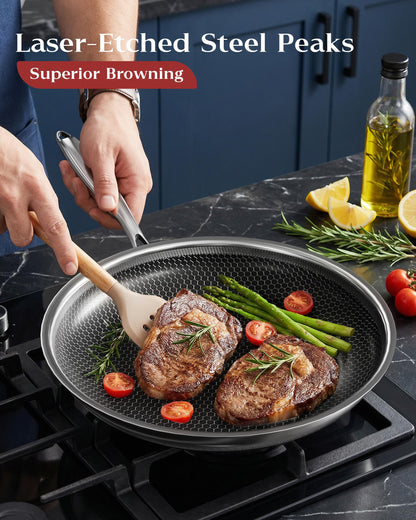 XBM Nonstick Frying Pan with Lid 12-Inch, Durable Stainless Steel Skillet, Induction Cooktop Compatible, PFOA-Free Scratch-Proof, Dishwasher & Oven Safe, Stay-Cool Handle, Silver Kitchen Cookware