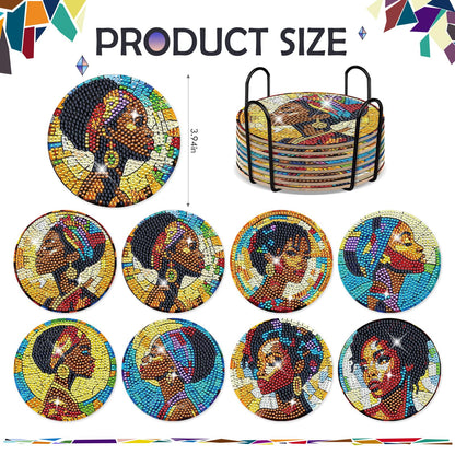 INCOK Black Woman Diamond Painting Coasters - 8 PCS DIY Colorful Glass Diamond Art Coasters Kits for Drinks Coffee Art Craft Supplies Birthday Holiday for African American Adult Beginners
