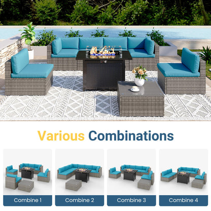 8 Pieces Outdoor Patio Furniture Set with 43" Fire Pit Table, Wicker Outdoor Patio Sectional Sofas with Cushions and Coffee Table, All-Weather Patio Conversation Set for Garden Backyard, Light Blue