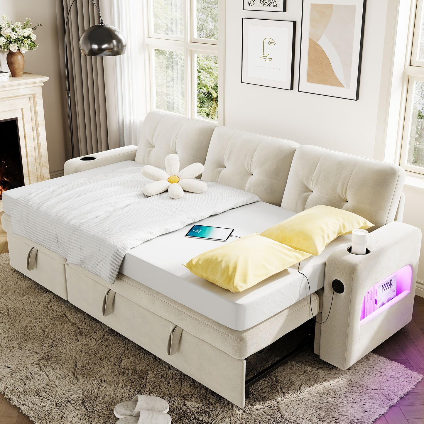 GarveeHome 84 Inch Sleeper Sofa Couch, L-Shaped Couches, Convertible Pull Out Sofa Bed with Storage, Charging Station, Led Lights, Modern Sectional Sofas for Living Room, Apartment, Velvet, Beige