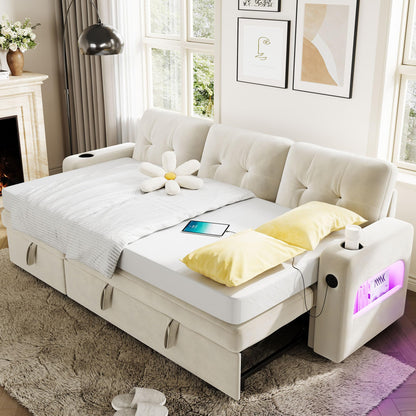 GarveeHome 84 Inch Sleeper Sofa Couch, L-Shaped Couches, Convertible Pull Out Sofa Bed with Storage, Charging Station, Led Lights, Modern Sectional Sofas for Living Room, Apartment, Velvet, Beige