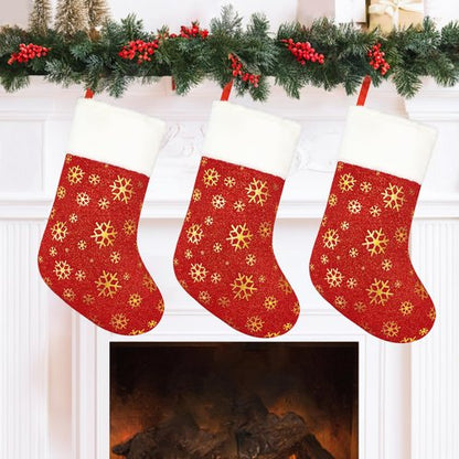 24PCS Bulk Christmas Stockings,18"Large Red Velvet with White Plush Cuff Xmas Stocking,Felt Flannel Faux Fur Stockings with Golden Snowflakes,Thickened Christmas Stockings Bulk for Fireplace Mantel