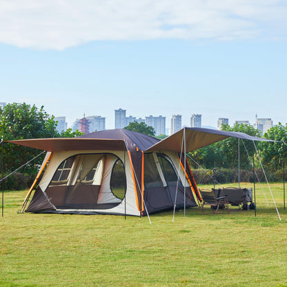 KTT Extra Large Tent 12 Person,Family Cabin Tents,Awning,2 Rooms,4 Doors and 4 Windows with Mesh,Straight Wall,Waterproof,Double Layer,Big Tent for Outdoor,Picnic,Camping,Family Gathering(Brown)
