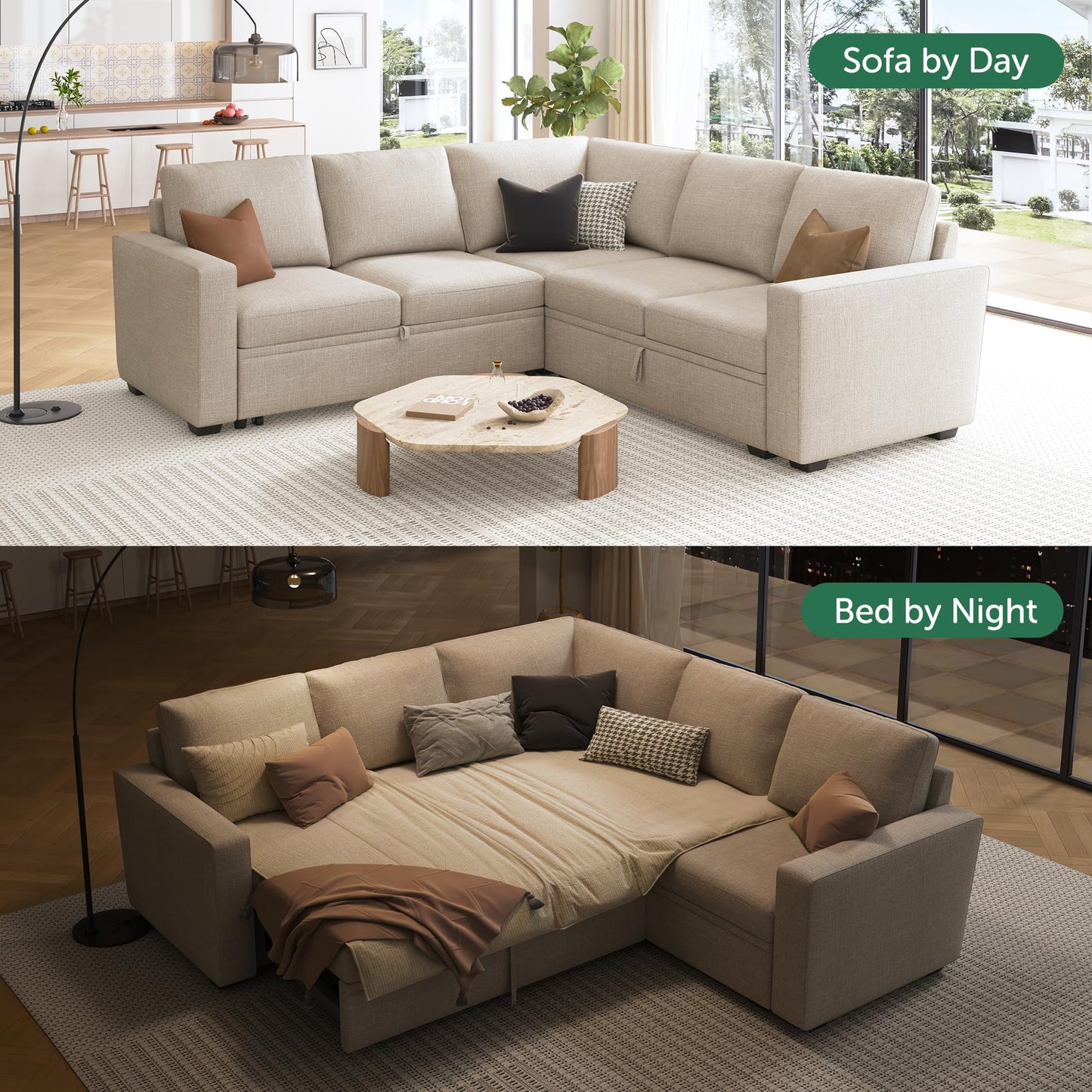 HONBAY Modular Sectional Sleeper Sofa with Pull Out Bed, L Shaped Couch with Storage Seat, Convertible Sectional Couches for Living Room, Beige