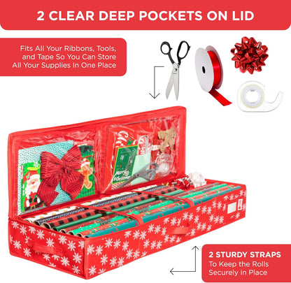 Wrapping Paper Storage Container, Fits 27 Rolls, Underbed Organizer for Gift Wrap, Ribbon, and Bows