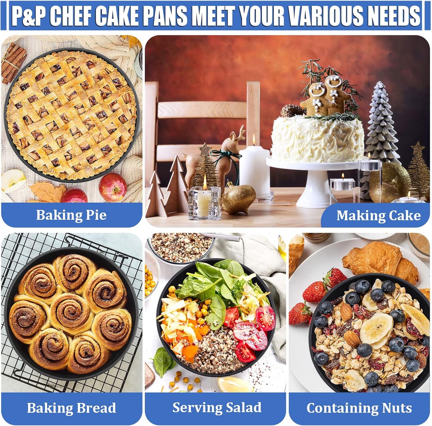 P&P CHEF 8 x 3 Inch Nonstick Cake Pan Set of 2, Round Baking Pans for Birthday & Wedding Layer Cake