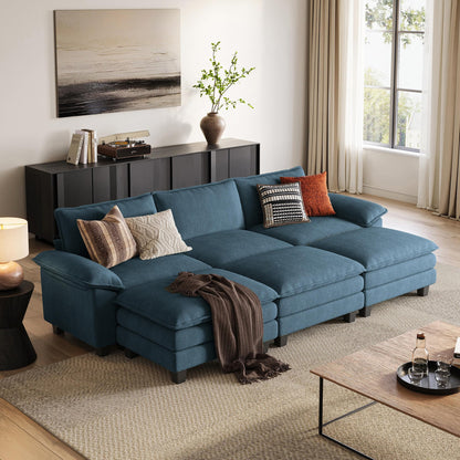 LINSY HOME Modular Sectional Sofa - 123 Inch Oversized Corduroy Cloud Couch with Movable Ottoman Soft Modern Comfy Sofa Set for Living Room Apartment Office, Blue