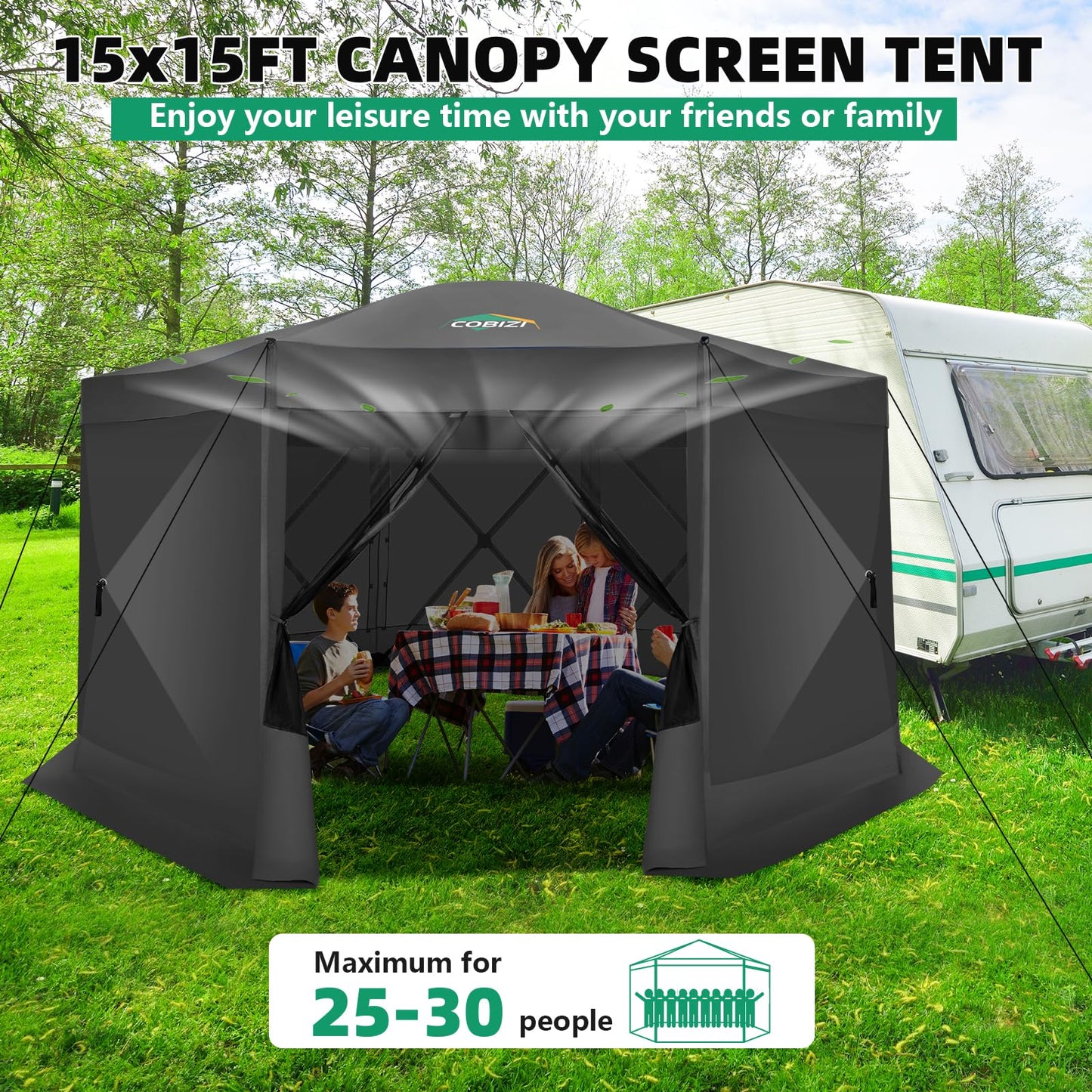 COBIZI 15'x15' Pop Up Gazebo Screen Tent Screen House for Camping, Screen Room with Mosquito Netting, Hub Tent Instant Screened Canopy with Carrying Bag and Ground Stakes, Black