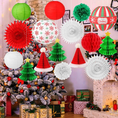 Gilprop 17 Pcs Christmas Party Hanging Decorations Xmas Paper Lanterns Paper Winter Hanging Fans Christmas Honeycombs Paper Flower Balls for Xmas Holiday Party Yard Indoor Outdoor Home Decor Supplies