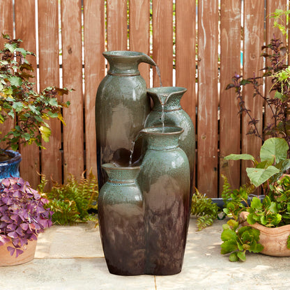 Glitzhome 30.75" H Vase Ceramic Outdoor Water Fountain with LED Lights and Pump, 4-Tier Olive Green and Brown Reactive Glaze Cascading Pots Standing Fountain for Porch Deck Garden Patio Backyard