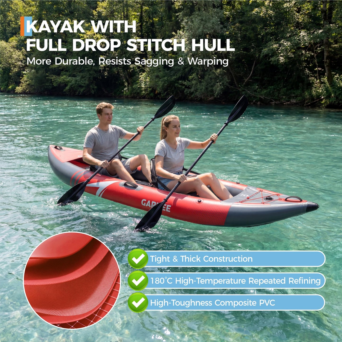 GarveeLife 2 Person Inflatable Kayak，Fishing Kayak for Adults, Portable Touring Kayaks with Padded Seat, 3 Fins, Hand Pump, Carry Bag, Repair Kit，12.5FT/450 LBS Weight Capacity