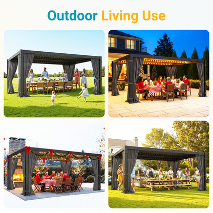 12' x 16' Louvered Pergola, Outdoor Pergola with Curtains & Netting, Metal Patio Pergola with Adjustable Louvers Roof and Gutter System, Metal Hardtop Gazebo for Patio, Deck, Garden, Yard, Dark Gray