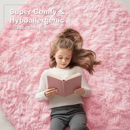 OLANLY Pink Round Rug - Soft, Fluffy Shaggy Carpet for Bedroom | 4 ft Machine Washable Area Rug
