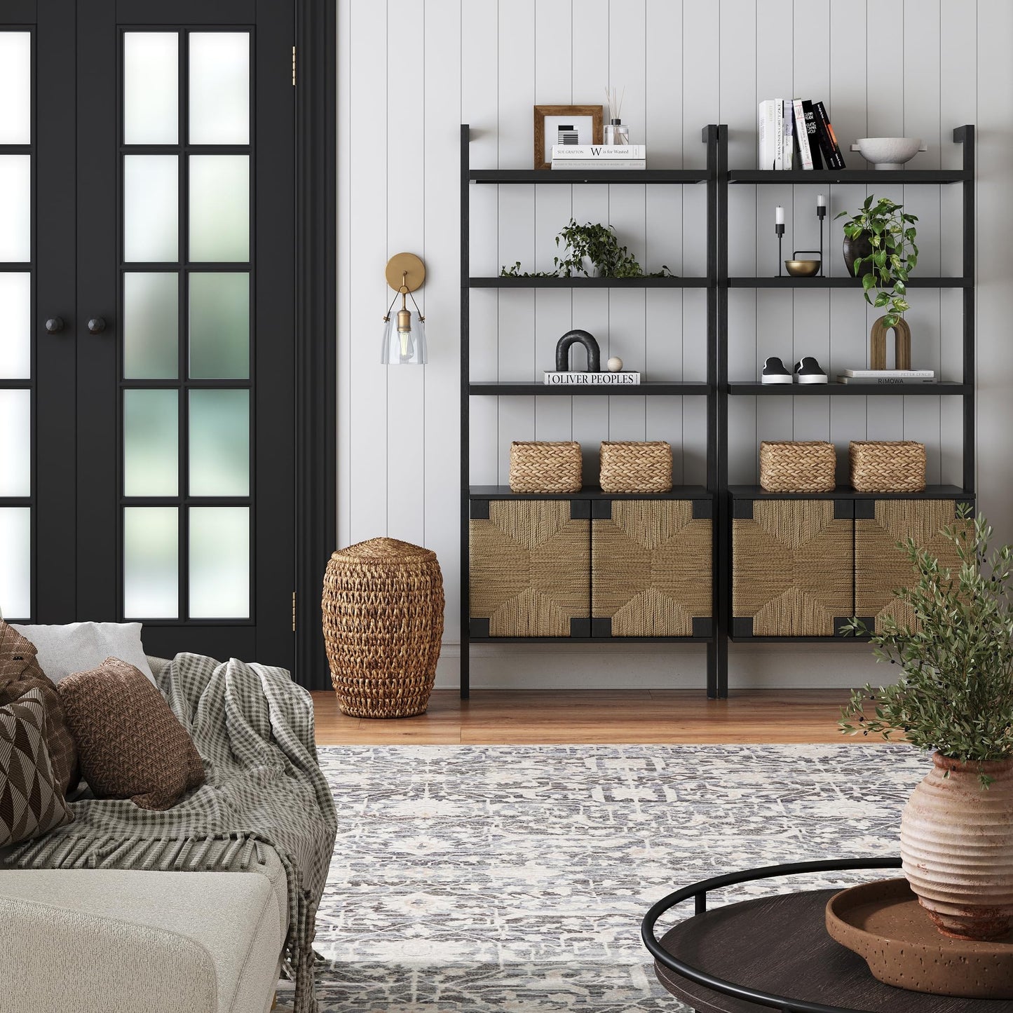 Nathan James Beacon 3-Shelf Bookcase with Seagrass Cabinet, Solid Wood Boho Bookshelf with Storage with Solid Wood Frame, Seagrass/Black, Set of 2