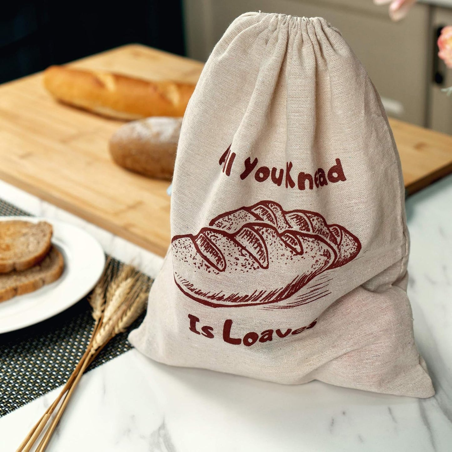 Linen Bread Bags, Pack of 4 Large and Extra Large Reusable Drawstring Bags for Homemade Artisan Bread Storage