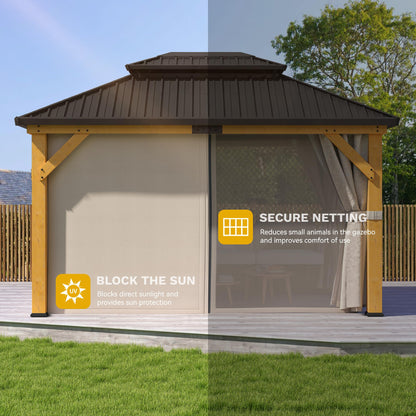 DWVO 11X13FT Gazebo Wood Outdoor Wooden Frame Double Roof Hardtop Galvanized Steel Top Canopy w/Curtain and Netting, Patio Heavy Duty for Deck, Backyard, Beige Yellow