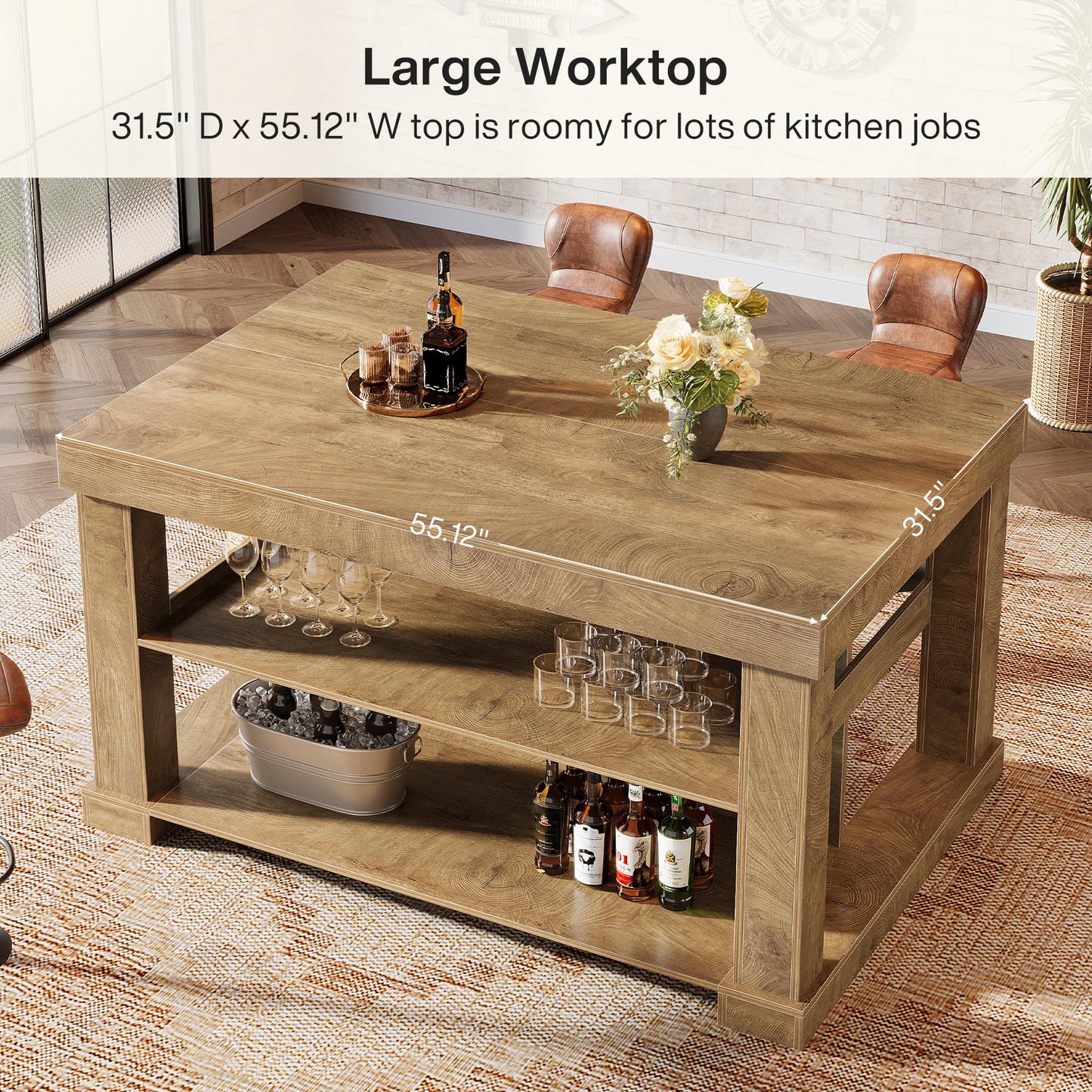 Tribesigns 55" Kitchen Island with Seating and Storage, 3-Tier Farmhouse Wood Stationary Island Table with Large Worktop & Leg Room, Coffee Bar Table with Storage Shelves for Kitchen, Natural Brown