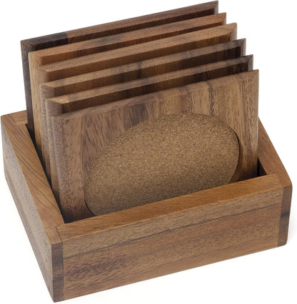 Lipper International Acacia Square with Cork Coasters and Caddy, 7-Piece Set