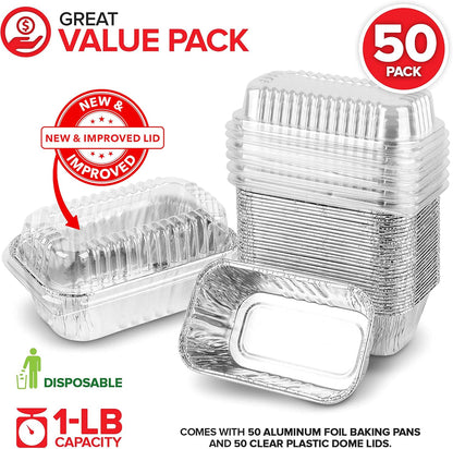 Stock Your Home Disposable Aluminum Mini Loaf Pans with Lids, 1 lb (50 Pack) for Cake, Bread Packaging