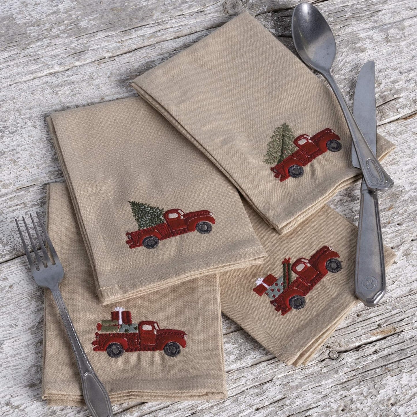 Primitives by Kathy Stitch Art Dinner Napkins Set - Truck with Christmas Tree