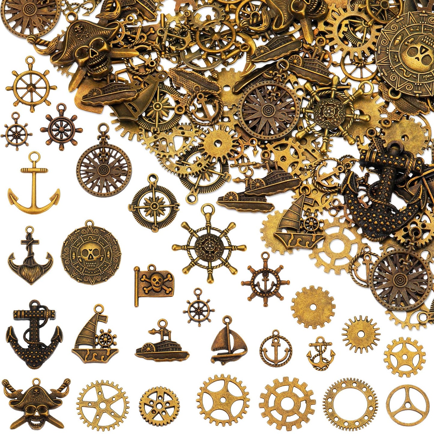 Hicarer 300 Gram Gears Charms, Nautical Anchor Rudder Helm Compass Charms Pendant, Bulk Mixed Antique Bronze Gears Steampunk, Clock Watch Cog Wheel for DIY Necklace Bracelet Jewelry Making Accessories